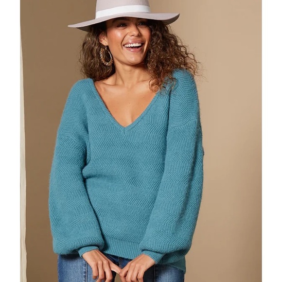 Cosy Teal Knit V-Neck Winter Sweater Jumper NWT - Picture 2 of 14